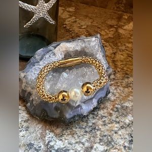 SteelTime Gold Faux Pearl Rope Bracelet